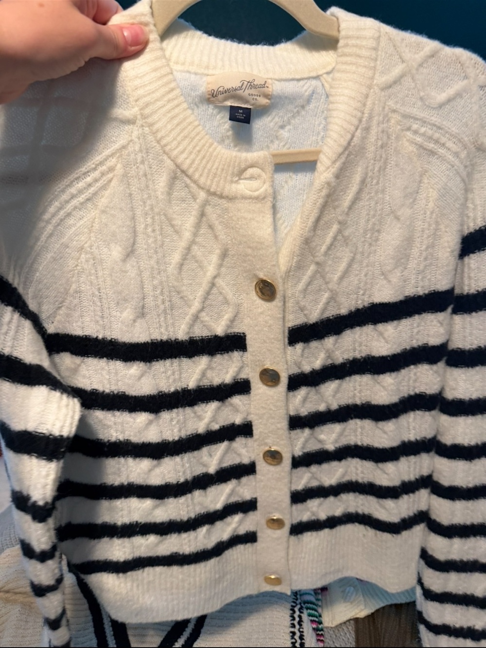 Universal Thread Cream Cardigan with Black Stripes and Gold Buttons